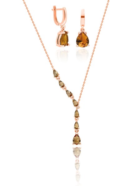 Zultanit Taşlı Kolye ve Küpe Rose Renk Değiştiren Gümüş Set SET-403