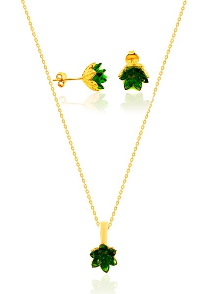 Lotus Çiçeği Gümüş Set Küpe Kolye Sarı Yaldızlı Zümrüt Taşlı SET-415