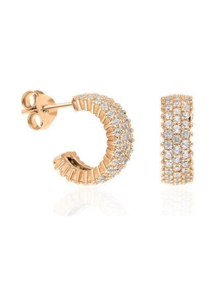 Tam Tur J Modeli Rose Gümüş Küpe Taşlı Kadın Küpesi 925Ayar KUPE-356