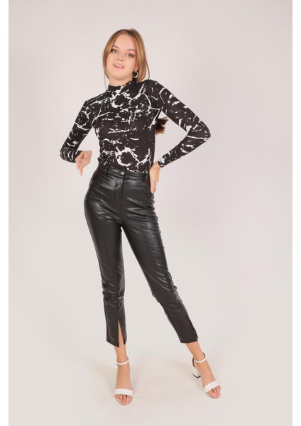 8749 Paça Yırtmaçlı Deri Pantolon Siyah