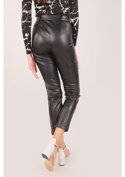 8749 Paça Yırtmaçlı Deri Pantolon Siyah modelleri