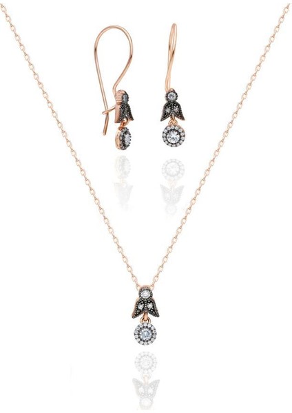 Elmas Montörlü Gümüş Set Kadın Rose Küpe ve Kolye Ucu SET-380