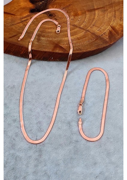 İtyalyan Yassı Zincir Gümüş Kolye ve Bileklik Rose Ezme Takım SET-397