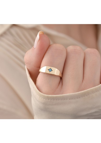 Minimal Turkuaz Kutup Yıldızlı Şövalye Kadın Yüzüğü 14 Ayar Altın