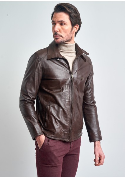 Erkek Kahverengi Yaka Fermuar Kapamalı Hakiki Deri Ceket fiyatları