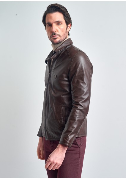 Erkek Kahverengi Yaka Fermuar Kapamalı Hakiki Deri Ceket modelleri