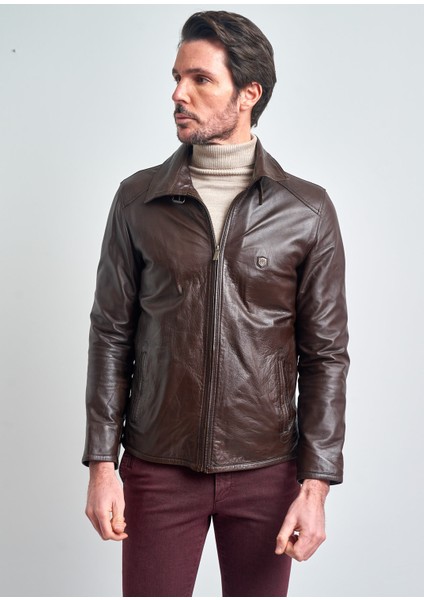 Erkek Kahverengi Yaka Fermuar Kapamalı Hakiki Deri Ceket fırsatları