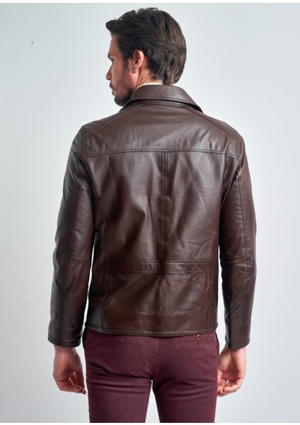 Erkek Kahverengi Yaka Fermuar Kapamalı Hakiki Deri Ceket indirimleri