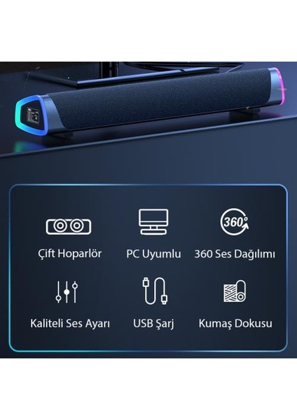 Polham Ultra Şık Rgb Işıklı Bluetooth Bağlantılı 4d Bass Efektli Hoparlör Subwoofer, Masaüstü, Tv Altı Hoparlör