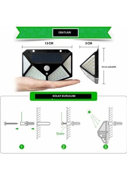 Elite AVM 4 Adet Solar Güneş Enerjili Hareket Sensörlü 4 Taraflı Bahçe Garaj Ev Aydınlatma Lambası