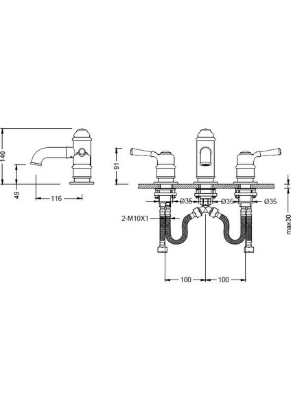 Burlington Üç Delikli Lavabo Bataryası Antik Siyah 1004-0004-AB