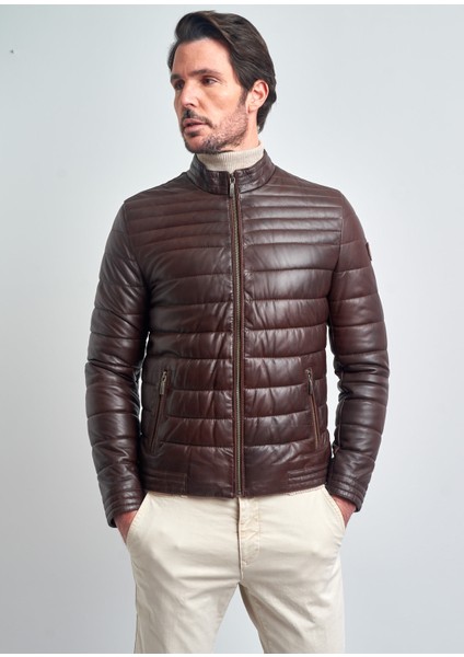 Erkek Bordo Biker Hakiki Deri Mont