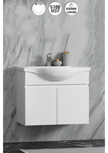 Yıldız 75 cm Beyaz Mdf Seramik Lavabolu Asma Banyo Alt Dolabı