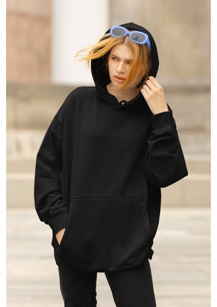 Düz Baskısız Kapüşonlu Sweatshirt, Oversize Basic Baskısız Hoodie