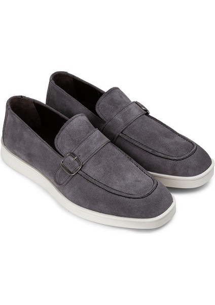 Süet Gri Tokalı Erkek Loafer Ayakkabı - 01959Mgrıc01