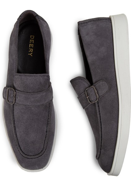 Süet Gri Tokalı Erkek Loafer Ayakkabı - 01959Mgrıc01