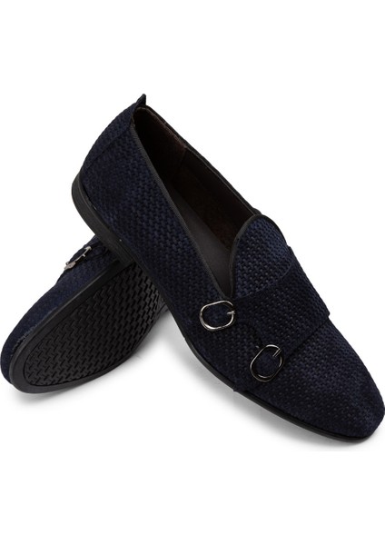 Nubuk Lacivert Erkek Çift Tokalı Loafer - 01704Mlcvc04