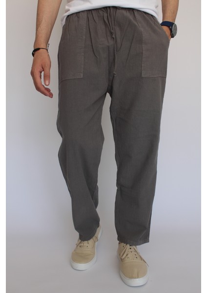 Unisex Yazlık Beli Lastikli Rahat Gri Keten Pamuklu Serin Tutan İpli Bol Keten Pantolon