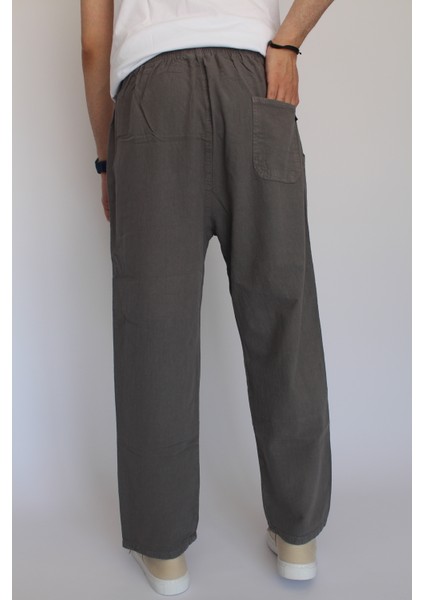 Unisex Yazlık Beli Lastikli Rahat Gri Keten Pamuklu Serin Tutan İpli Bol Keten Pantolon fırsatları
