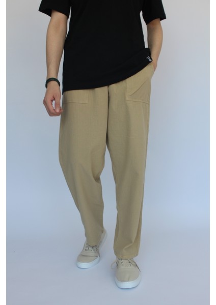Unisex Yazlık Beli Lastikli Rahat Bej Keten Pamuklu Serin Tutan İpli Bol Keten Pantolon