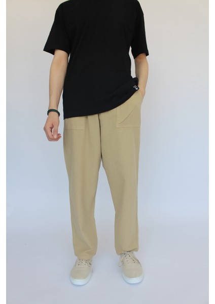 Unisex Yazlık Beli Lastikli Rahat Bej Keten Pamuklu Serin Tutan İpli Bol Keten Pantolon fırsatları