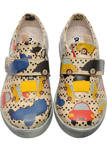 Çocuk Vegan Deri Bej Cırtlı Sneakers - Just Go Somewhere Tasarım