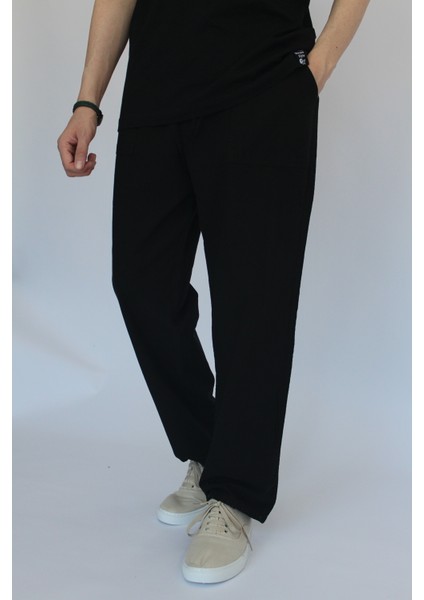 Unisex Yazlık Beli Lastikli Rahat Siyah Keten Pamuklu Serin Tutan İpli Bol Keten Pantolon