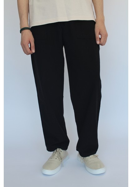 Unisex Yazlık Beli Lastikli Rahat Siyah Keten Pamuklu Serin Tutan İpli Bol Keten Pantolon