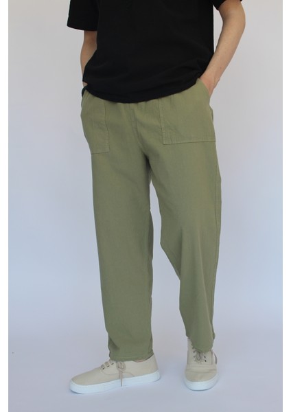Unisex Yazlık Beli Lastikli Rahat Yeşil Keten Pamuklu Serin Tutan İpli Bol Keten Pantolon