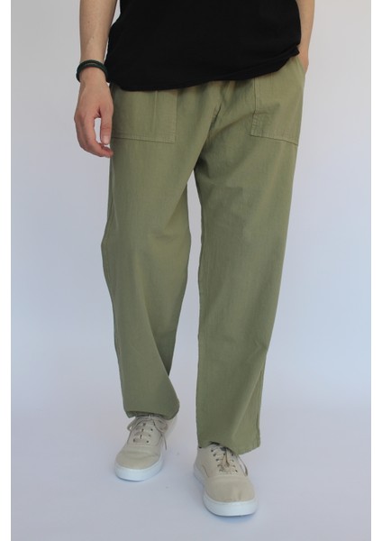 Unisex Yazlık Beli Lastikli Rahat Yeşil Keten Pamuklu Serin Tutan İpli Bol Keten Pantolon modelleri