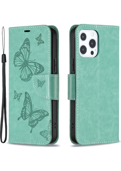 Iphone 13 Pro Telefon Kılıfı Magnicy Pu Deri Cüzdan Stand Baskısı Kelebek Flip Folio Koruyucu Kapak Kayış 6.1 Inç Yeşil (Yurt Dışından)