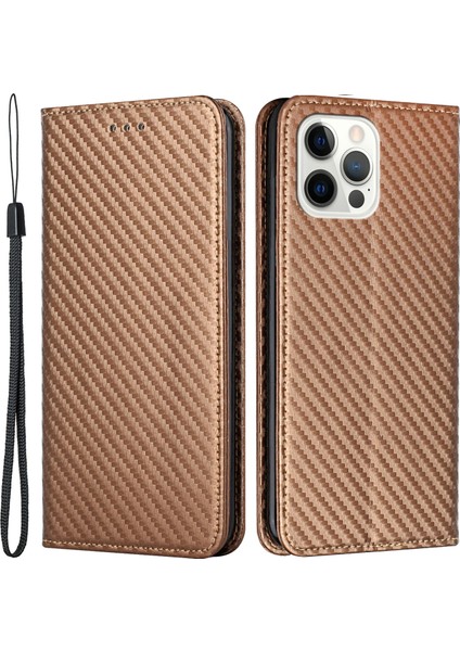 Iphone 13 Pro Telefon Kılıfı Için Karbon Fiber Doku Pu Deri Koruyucu Stand ve Cüzdan 6.1 Inç-Kahverengi (Yurt Dışından)