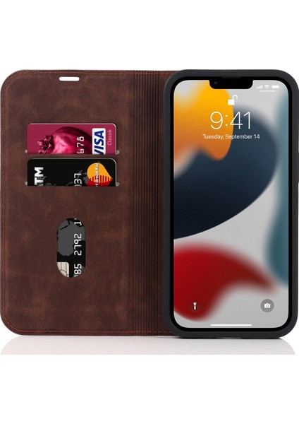 Iphone 13 Pro Telefon Kılıfı Için 6.1 Inç Rfıd Engelleme Pu Deri Kart Tutucu Stand Kılıfı Magsafe Şarj-Dark Brown ile Uyumlu (Yurt Dışından)