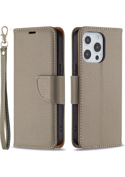 Tam Kapak Litchi Grain Manyetik Kapatma Iphone 13 Pro-Grey Için Deri Cüzdan Kılıfı (Yurt Dışından)
