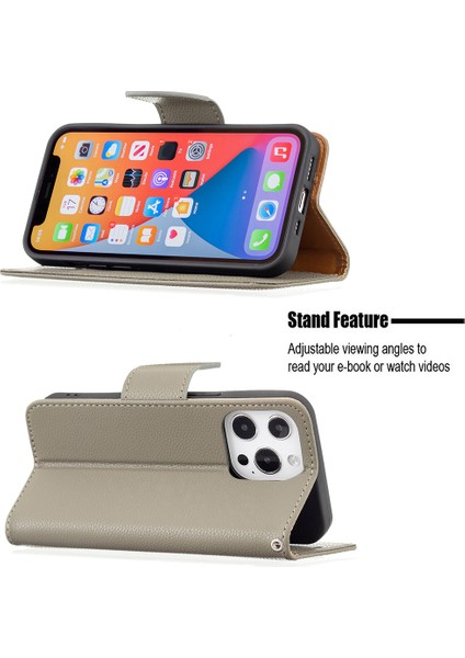 Tam Kapak Litchi Grain Manyetik Kapatma Iphone 13 Pro-Grey Için Deri Cüzdan Kılıfı (Yurt Dışından)