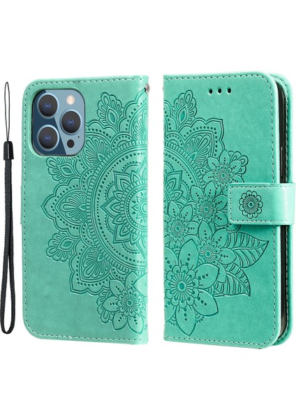 Iphone 13 Pro Telefon Kılıfı Ayarlanabilir Stand Tasarım Çiçek Desenli Cüzdan Deri Telefon Koruyucu Kılıf Strap 6.1 Inç-Yeşil (Yurt Dışından)