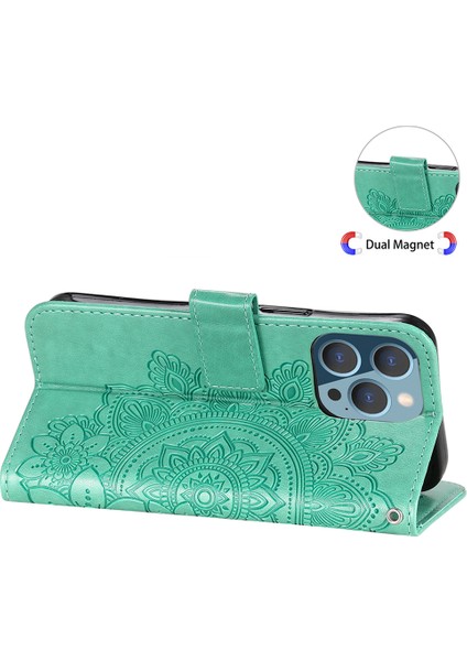 Iphone 13 Pro Telefon Kılıfı Ayarlanabilir Stand Tasarım Çiçek Desenli Cüzdan Deri Telefon Koruyucu Kılıf Strap 6.1 Inç-Yeşil (Yurt Dışından)