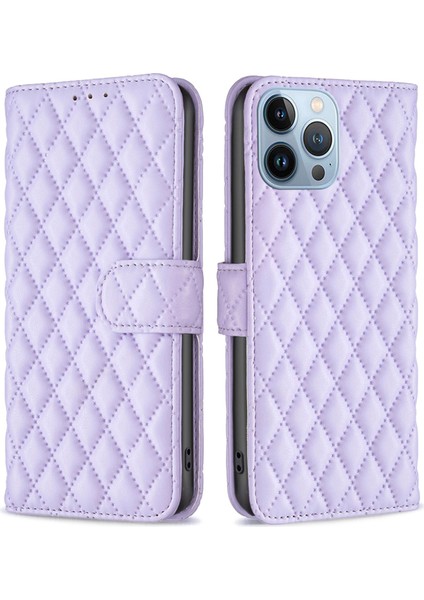Iphone 13 Pro Telefon Kılıfı Için Tam Kapsam Pu Deri Flip Cüzdan Kılıfı Stand Baskılı Rhombus Desen-Mor (Yurt Dışından)