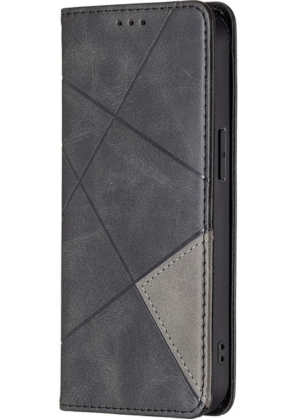 Iphone 13 Pro Telefon Kılıfı 6.1 Inç Güçlü Mıknatıs Geometrik Ekleme Deseni Deri Kılıf Kart Tutucu Kabuğu Stand-Black (Yurt Dışından)