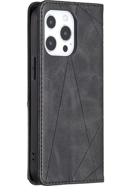 Iphone 13 Pro Telefon Kılıfı 6.1 Inç Güçlü Mıknatıs Geometrik Ekleme Deseni Deri Kılıf Kart Tutucu Kabuğu Stand-Black (Yurt Dışından)