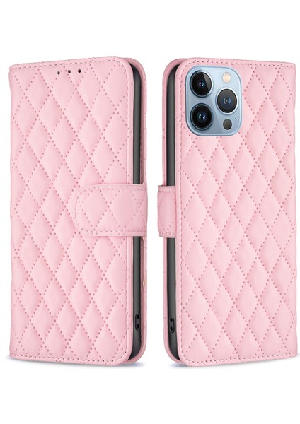 Iphone 13 Pro Telefon Kılıfı Için Tam Kapsam Pu Deri Flip Cüzdan Kılıfı Stand Baskılı Rhombus Desen-Pink (Yurt Dışından)