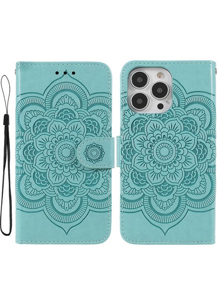 Iphone 13 Pro Telefon Kılıfı Için Mandala Çiçek Koruyucu Deri Kılıf Stand Cüzdanı 6.1 Inç Yeşil (Yurt Dışından)