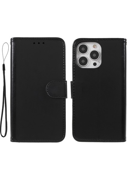 Iphone 13 Pro Telefon Kılıfı Için Dayanıklı Manyetik Düz Renk Pu Deri Deri Folio Cüzdan Stand Flip Kapak Kılıfı Bilek Kayışı 6.1 Inç-Siyah (Yurt Dışından)