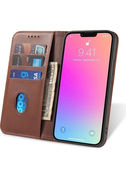Iphone 13 Pro 6.1 Inç Cep Telefonu Kasası Cüzdan Manyetik Deri Standı Buzağı Dokusu Telefon Kapak Kahverengi (Yurt Dışından)