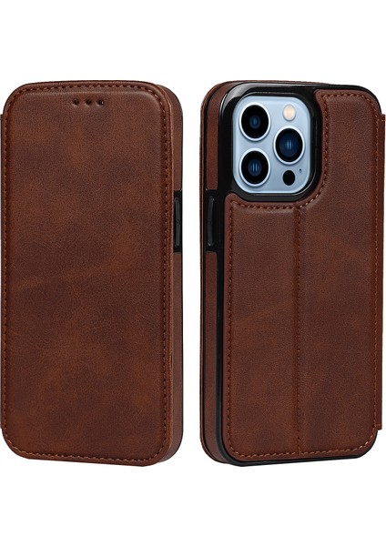 Iphone 13 Pro Telefon Kılıfı Pu Deri+Tpu Manyetik Otomatik Absorbed Stand Kılıfı Kart Tutucu 6.1 Inç-Kahverengi (Yurt Dışından)