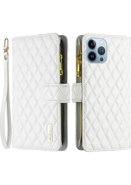 Iphone 13 Pro Telefon Vaka Cep Telefonu Kabuğu Için Baskılı Rhombus Desen Desen Anti Damdan Anti Basayolu Pe Pece Stand Pu Deri Cüzdan Kapak-Beyaz (Yurt Dışından)
