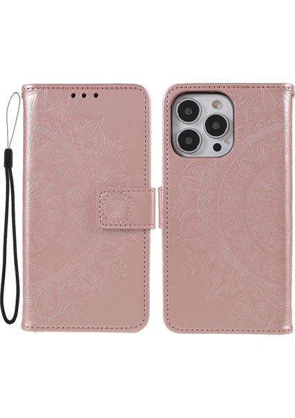 Iphone 13 Pro Telefon Kılıfı Mandala Totem Deseni Baskılı Pu Deri Cüzdan El Strap ile Manyetik Flip Kapak 6.1 Inç-Rose Gold (Yurt Dışından)