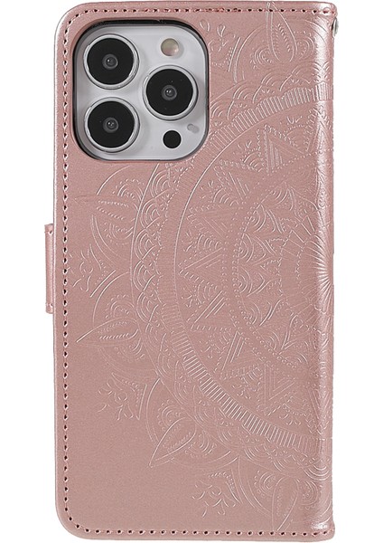 Iphone 13 Pro Telefon Kılıfı Mandala Totem Deseni Baskılı Pu Deri Cüzdan El Strap ile Manyetik Flip Kapak 6.1 Inç-Rose Gold (Yurt Dışından)