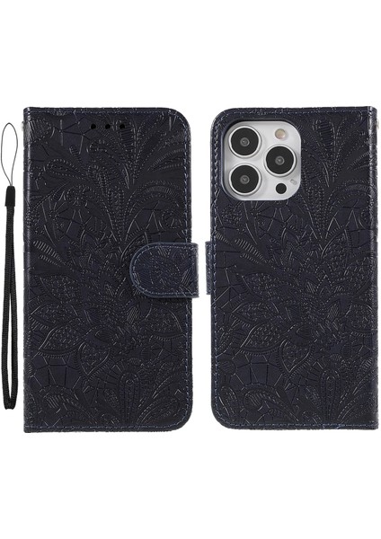 Iphone 13 Pro Telefon Kılıfı Için Baskılı Dantel Çiçekler Pu Doğru Tpu Iç Cüzdan Stand Flip Kapak Kayış 6.1 Inç-Siyah (Yurt Dışından)