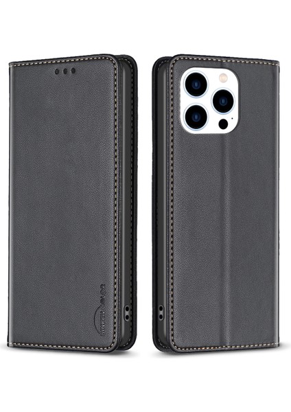 Iphone 13 Pro 6.1 Inç Pu Deri Telefon Kılıf Kart Yuvaları Katlama Stand Kapağı Black (Yurt Dışından)